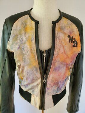 Harley leather vintage motorcycle jacket black white rainbow biker bomber small